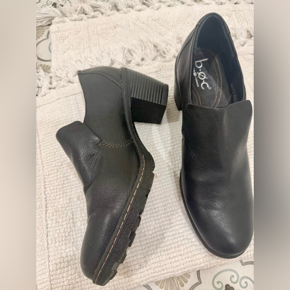 BOC Born Concept Black Leather Slip-On Booties, Loafer W/Chky Heel 11M Like New!